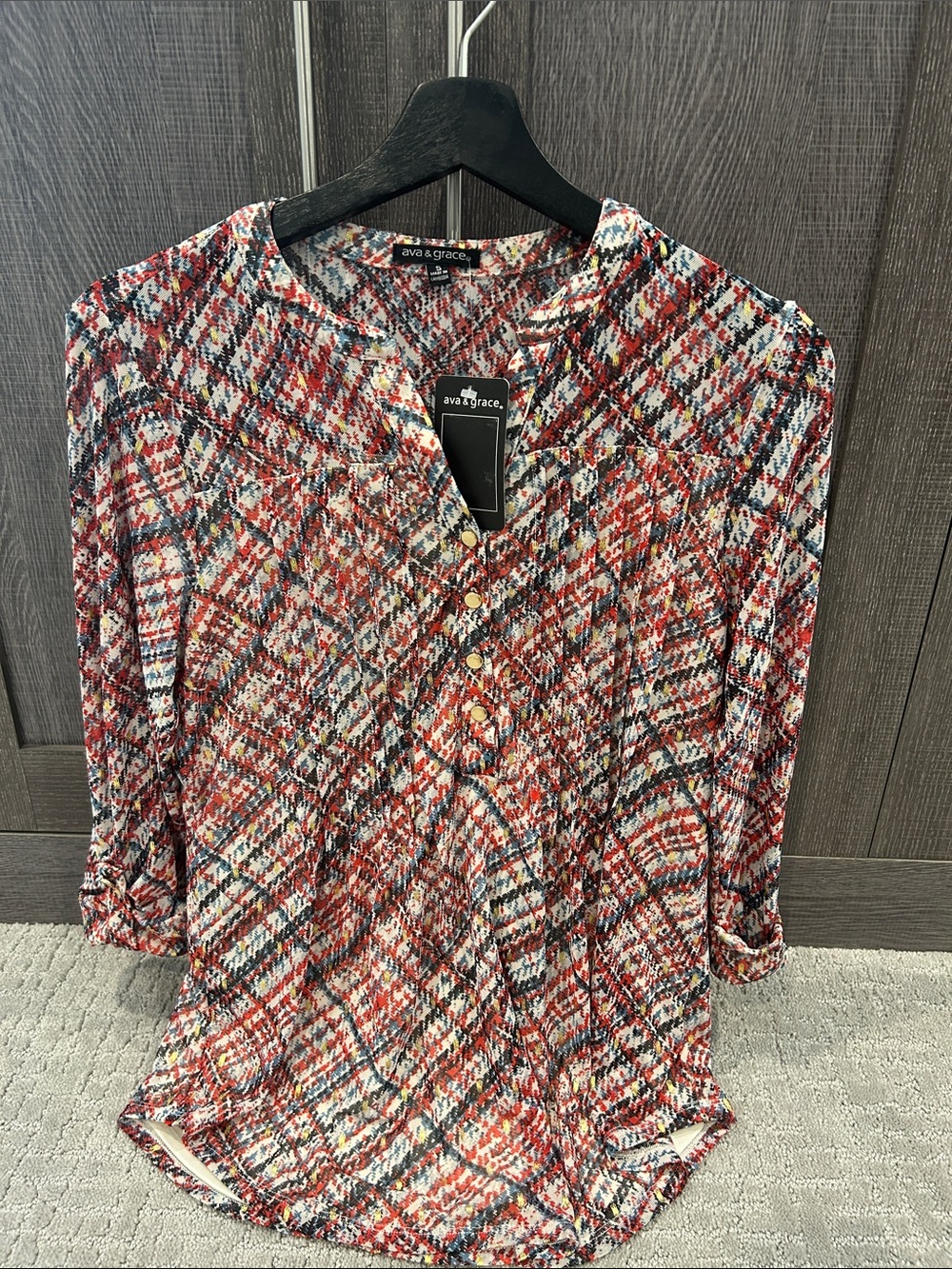 Ava & Grace Red Multi-Plaid Button Henley Blouse